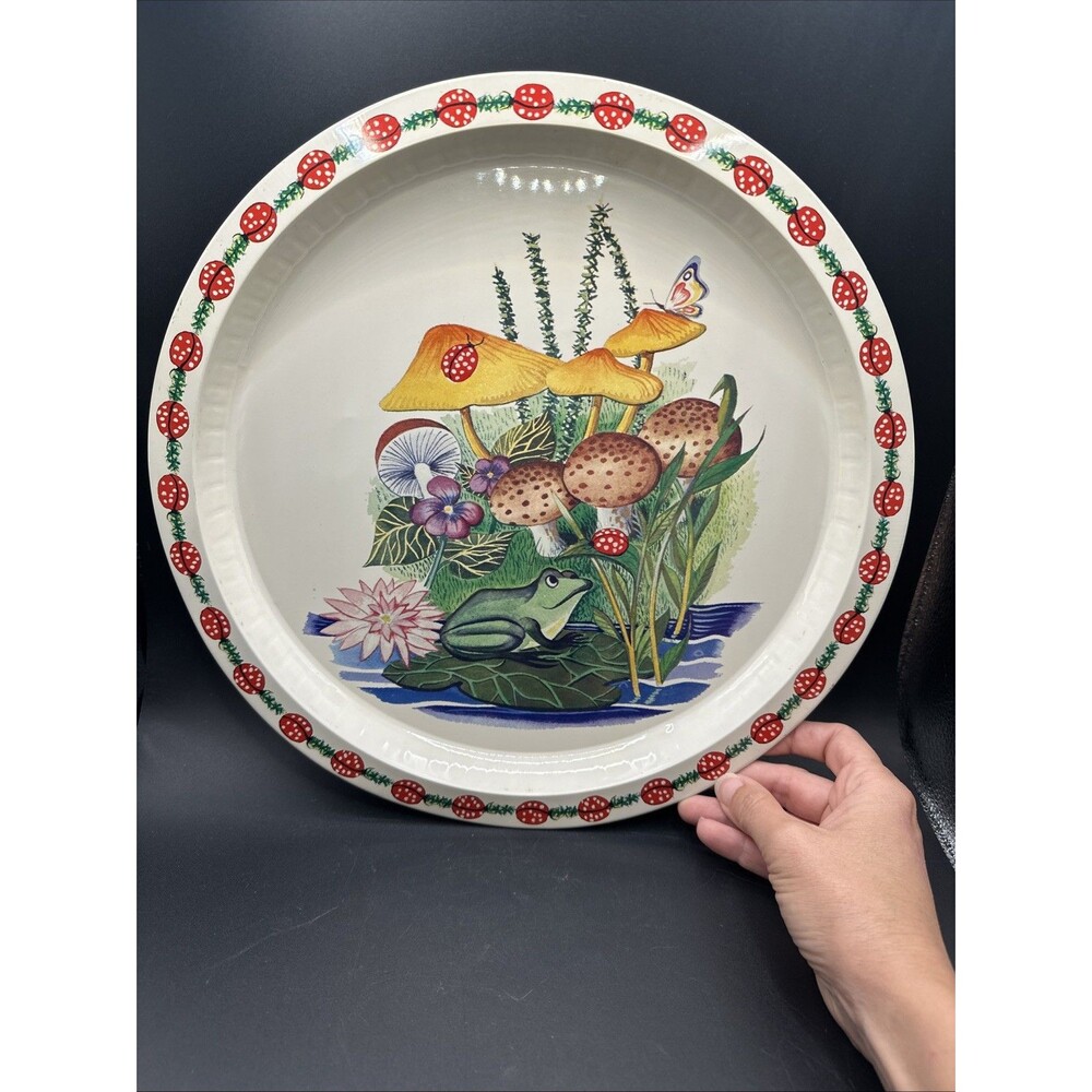 Vintage Round Tin Tray Mushrooms Frog Lady Bugs Butterfly Flowers (Hong Kong)